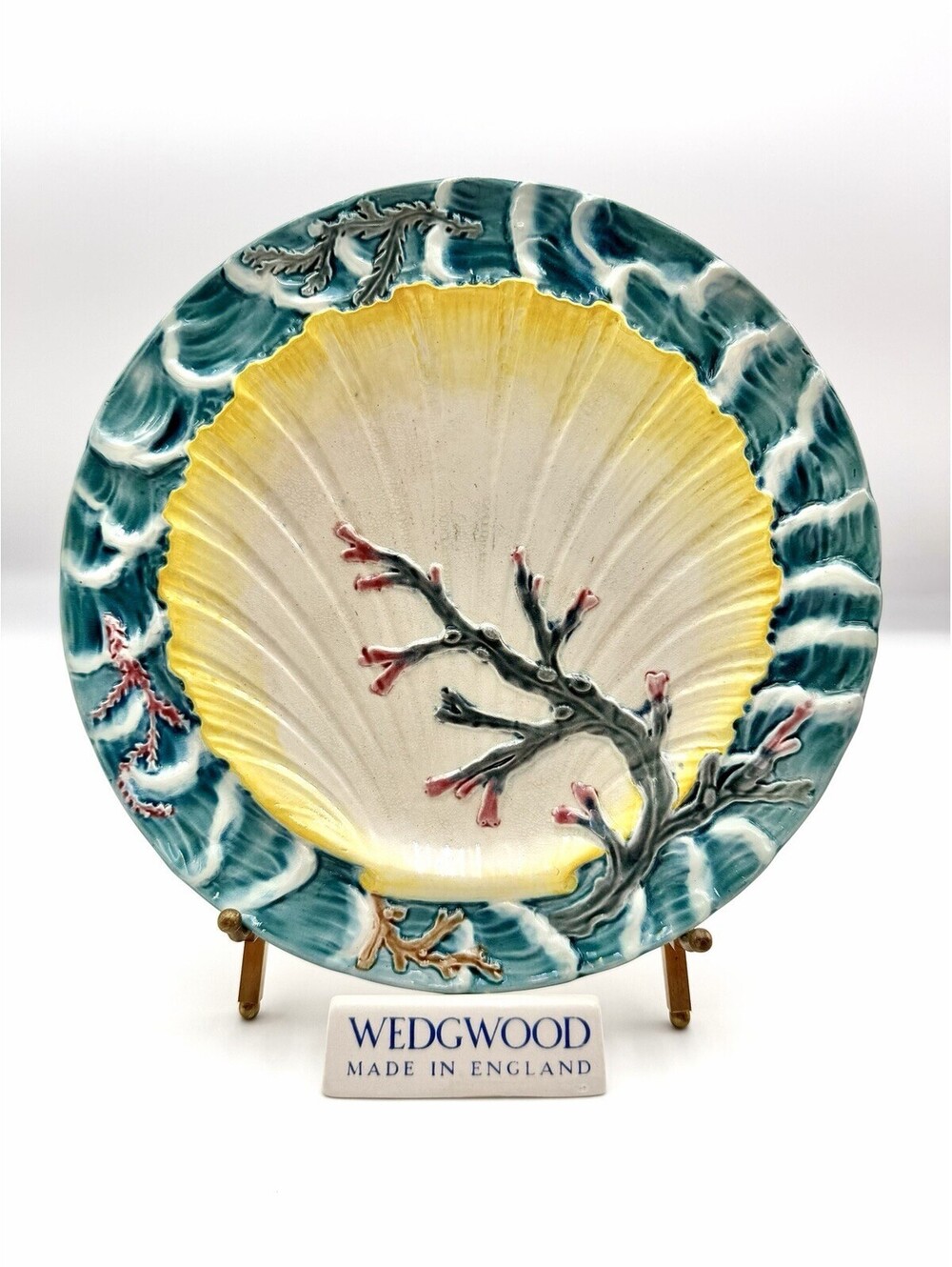 Antique Wedgwood Majolica Ocean - Blue Waves Coral Yellow Shell Plate, 9”